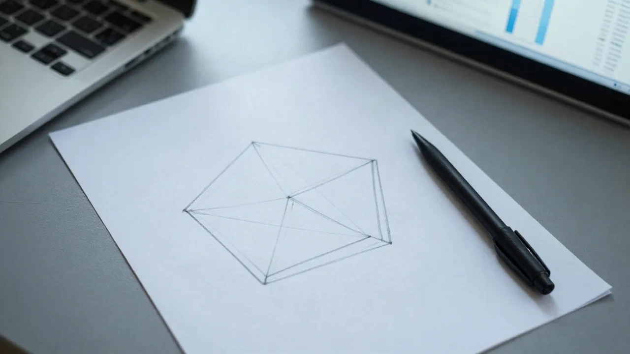 Fünfeckiges Strategiediagramm mit Bleistift, neben einem Laptop auf dem Schreibtisch eines Analysten