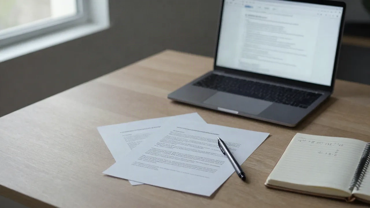 Scrivania di un fondatore con un accordo stampato su due pagine, penna e taccuino accanto a un laptop