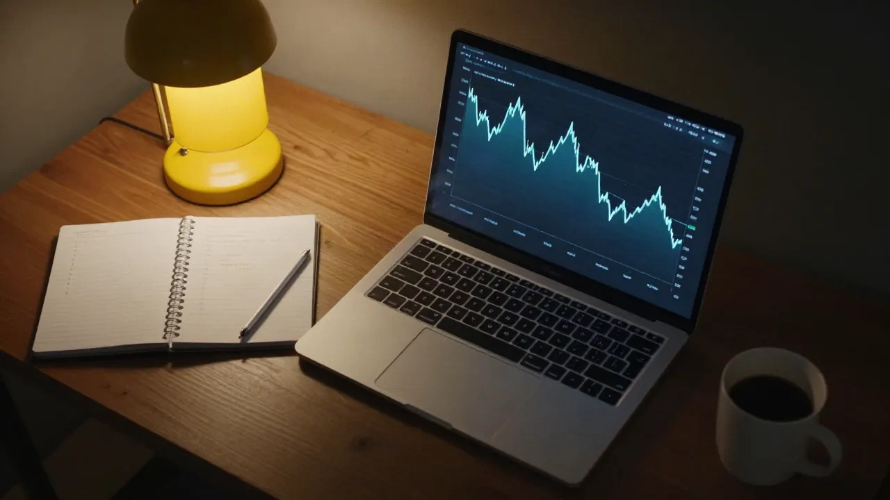 Scrivania di un founder con un laptop che mostra il grafico di un saldo di cassa in calo sotto una lampada gialla