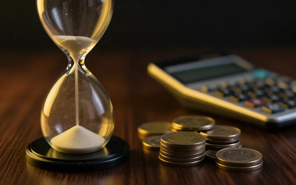 Hourglass beside a stack of coins and a calculator representing startup runway