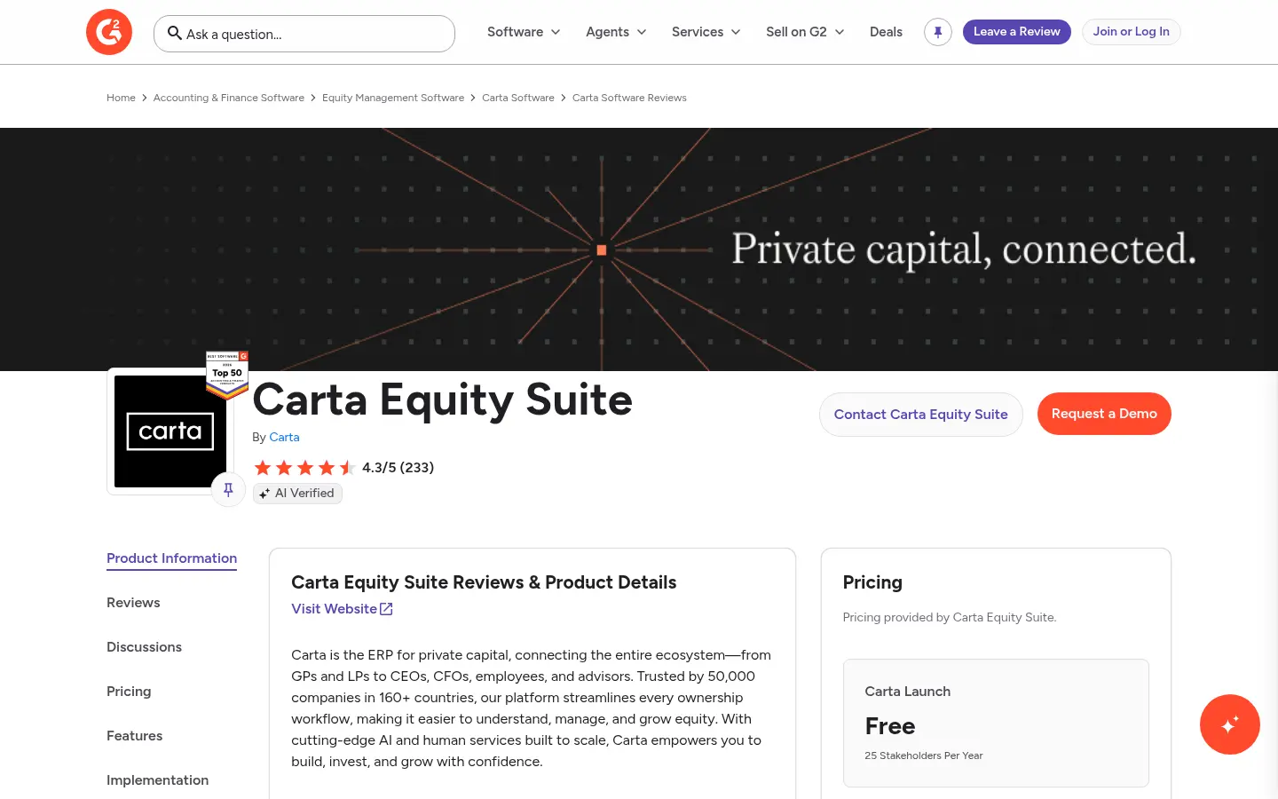 G2 listing for Carta Equity Suite with 4.3 out of 5