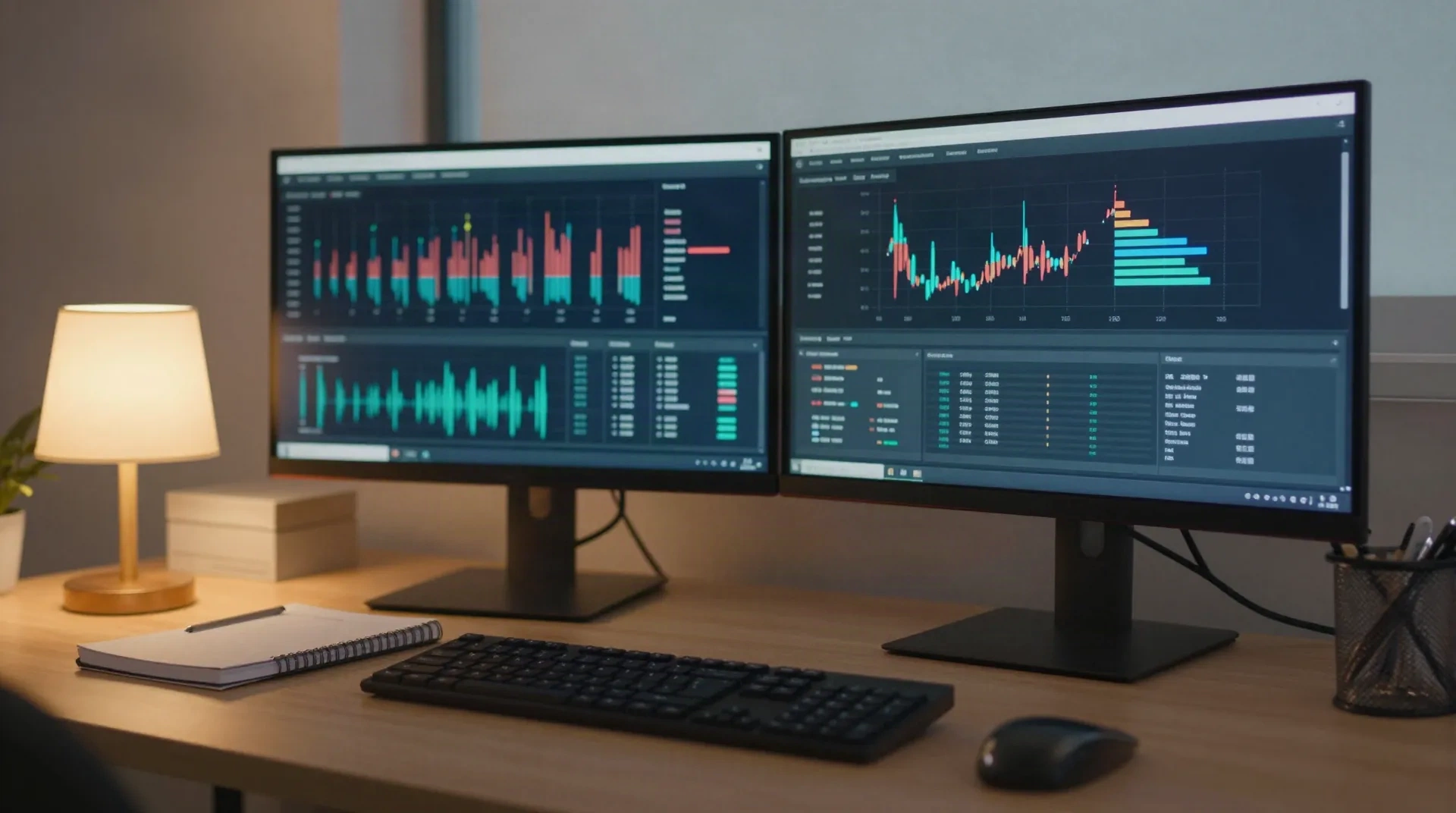 Meja analis dengan dua monitor yang menampilkan dashboard sinyal sosial