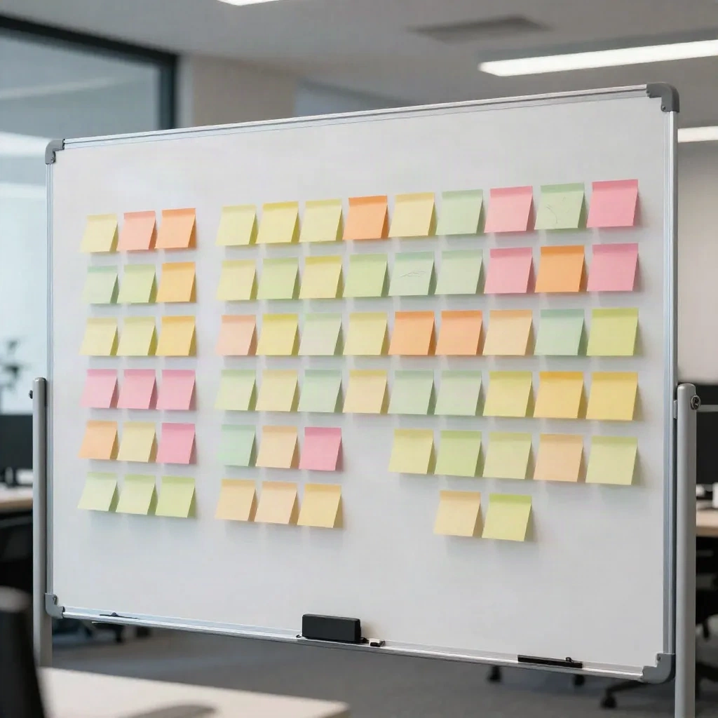 Whiteboard mit Notizzetteln in farbcodierte Cluster gruppiert