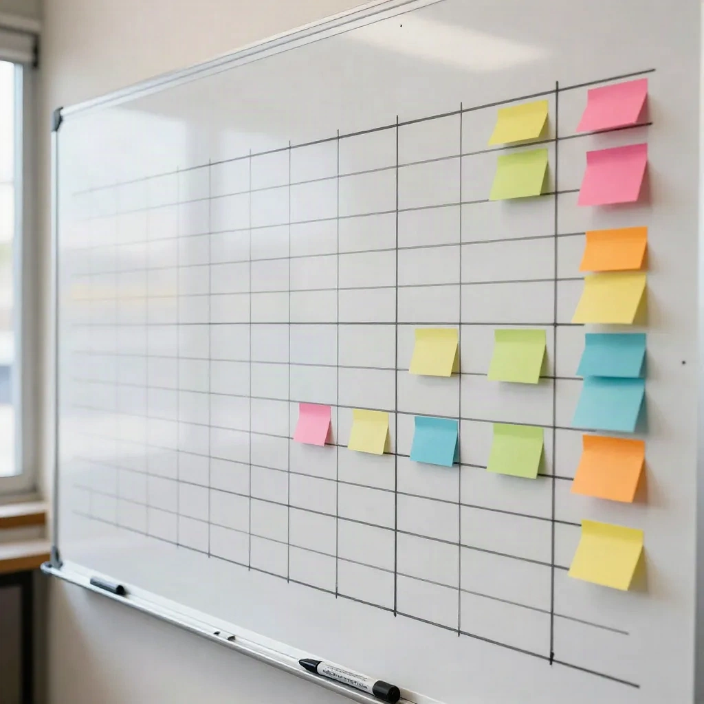 Lavagna con una griglia di post-it colorati raggruppati per investitori e dipendenti