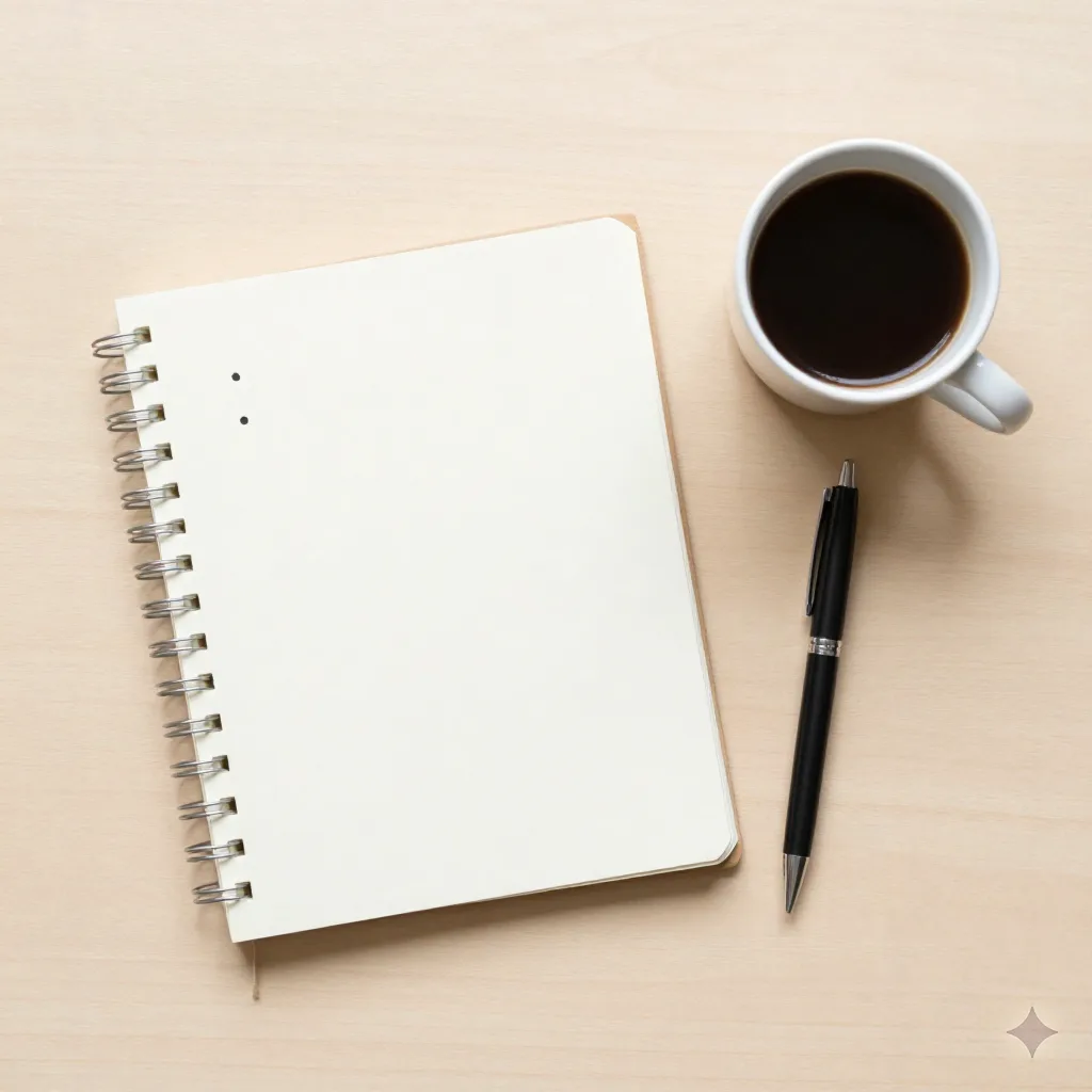 Minimalist flat-lay of a notebook with bullet points, a pen and coffee on a wooden surface