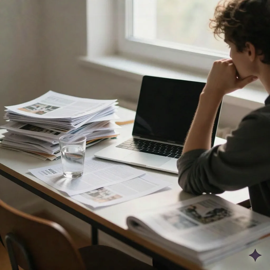 Person at a minimal desk with laptop and stacked printed articles, reading in warm afternoon light