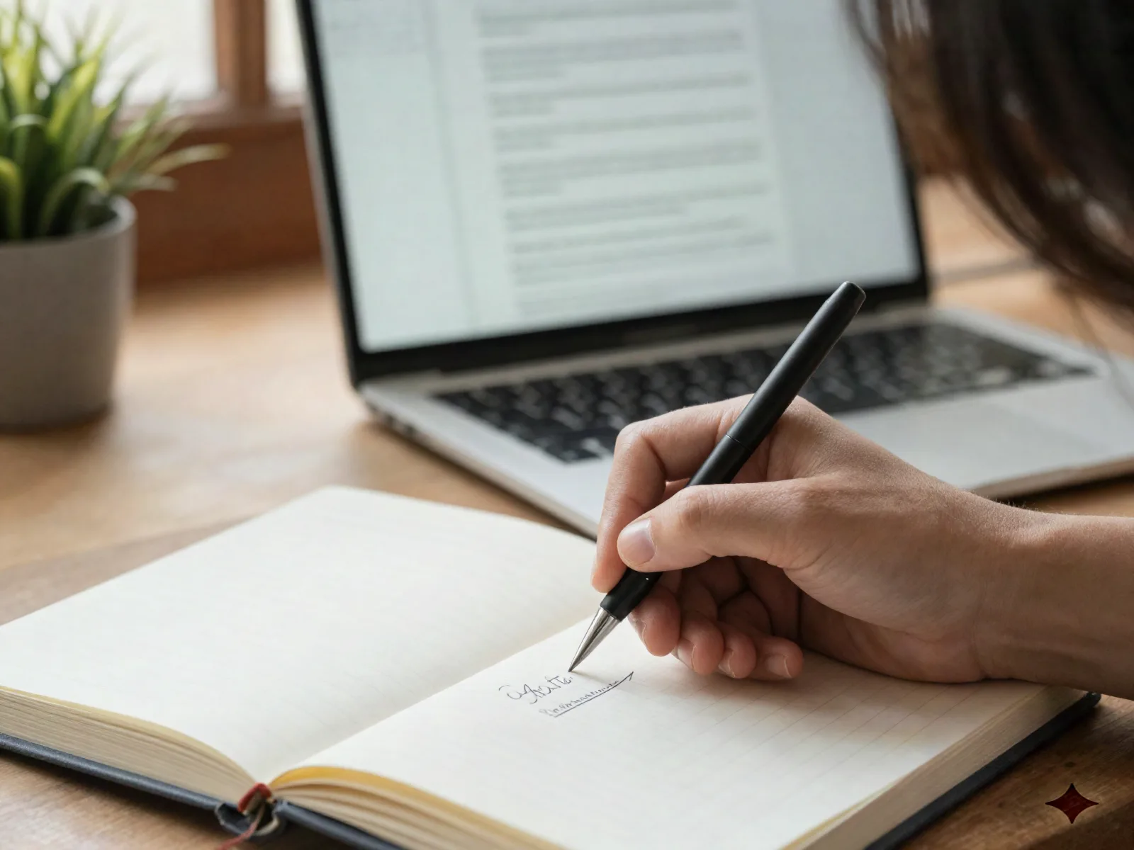 Primo piano di una mano che scrive note in un quaderno di carta accanto a un laptop aperto