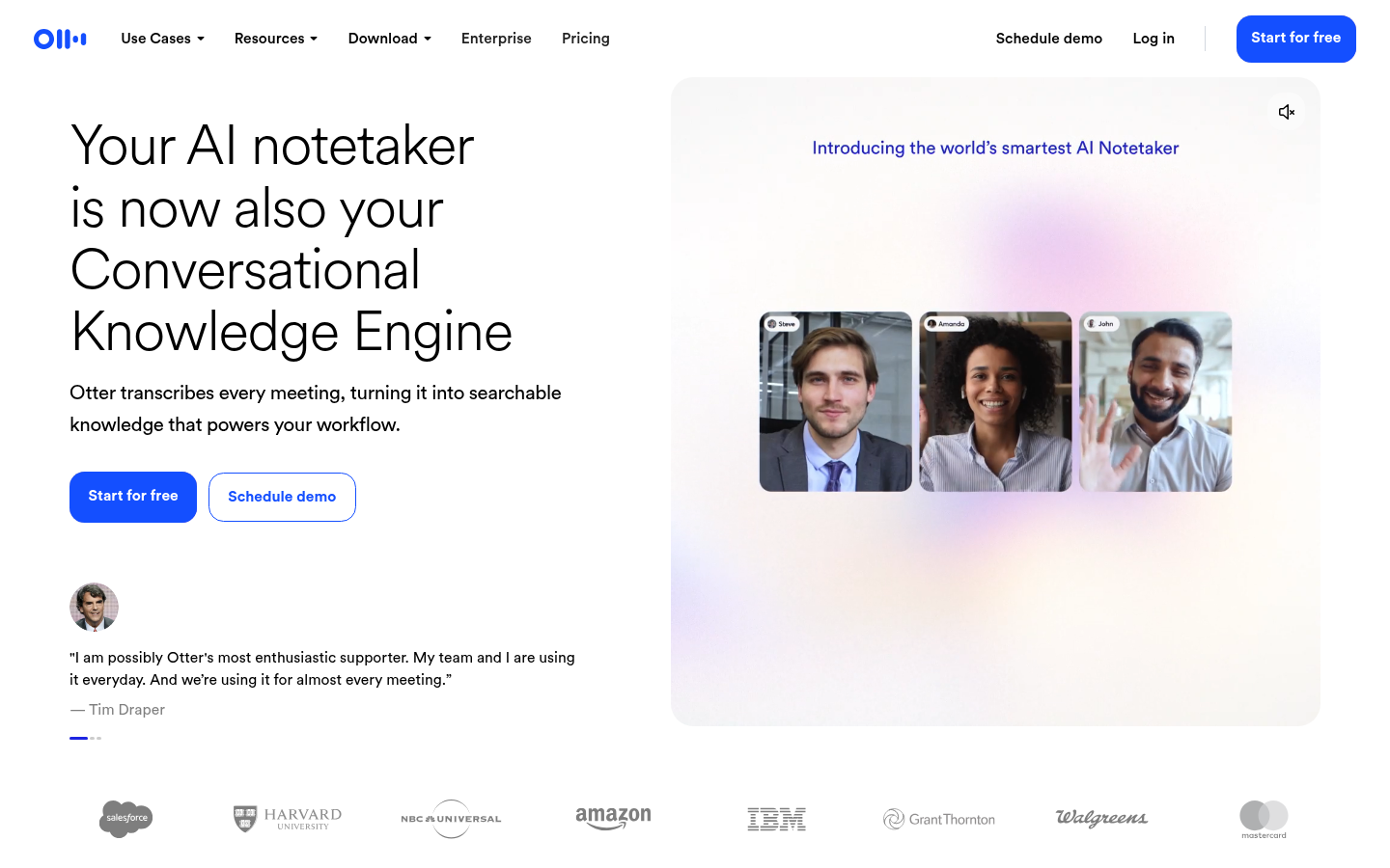 Screenshot della homepage di Otter.ai che mostra il dashboard dell'agente di riunioni IA