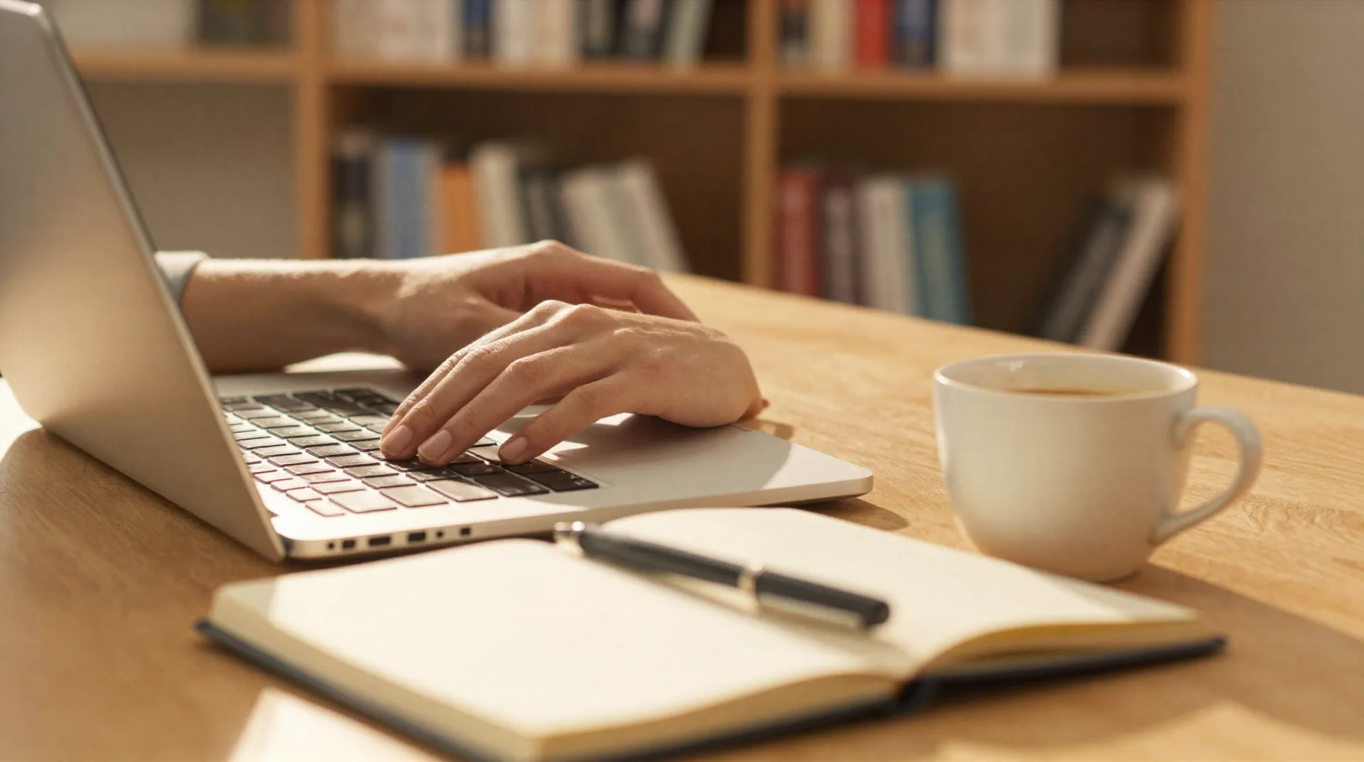 Persoon die typt op een laptop aan een houten bureau met een open notitieboekje, warm licht