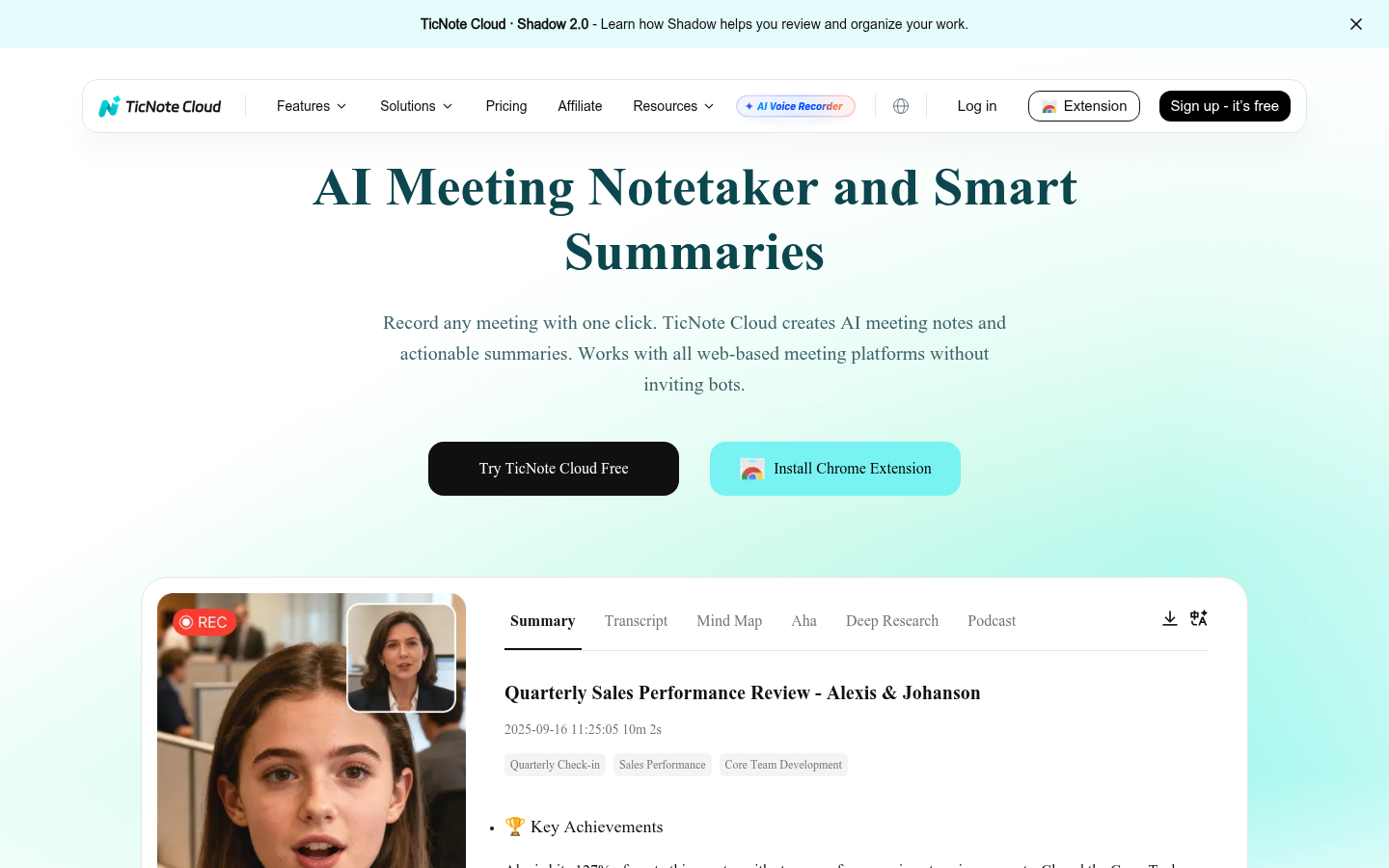 Page des fonctionnalités TicNote Cloud AI notes et résumés de réunion