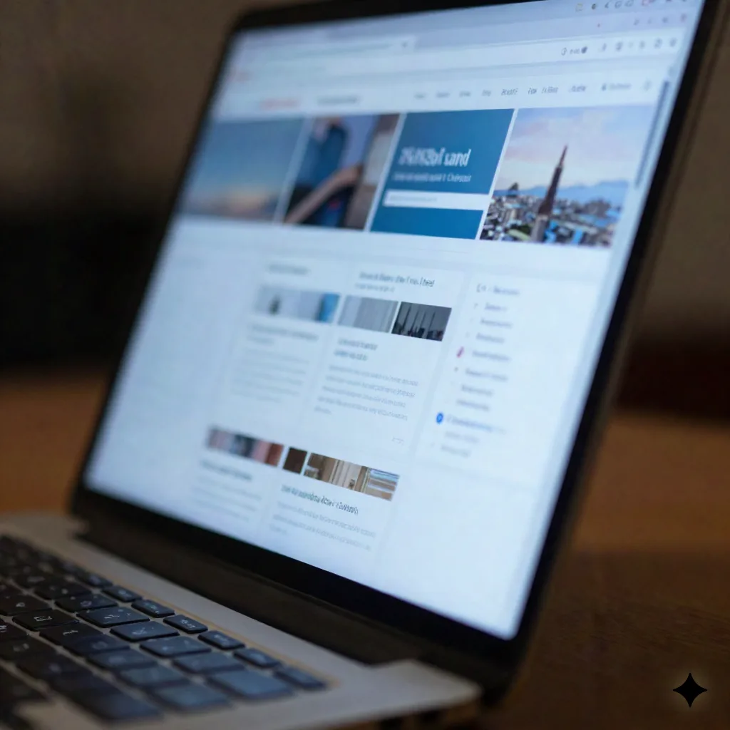 Close-up de pantalla de laptop con muchas pestañas de navegador abiertas y borrosas, representando la pila abrumadora de páginas competidoras por leer