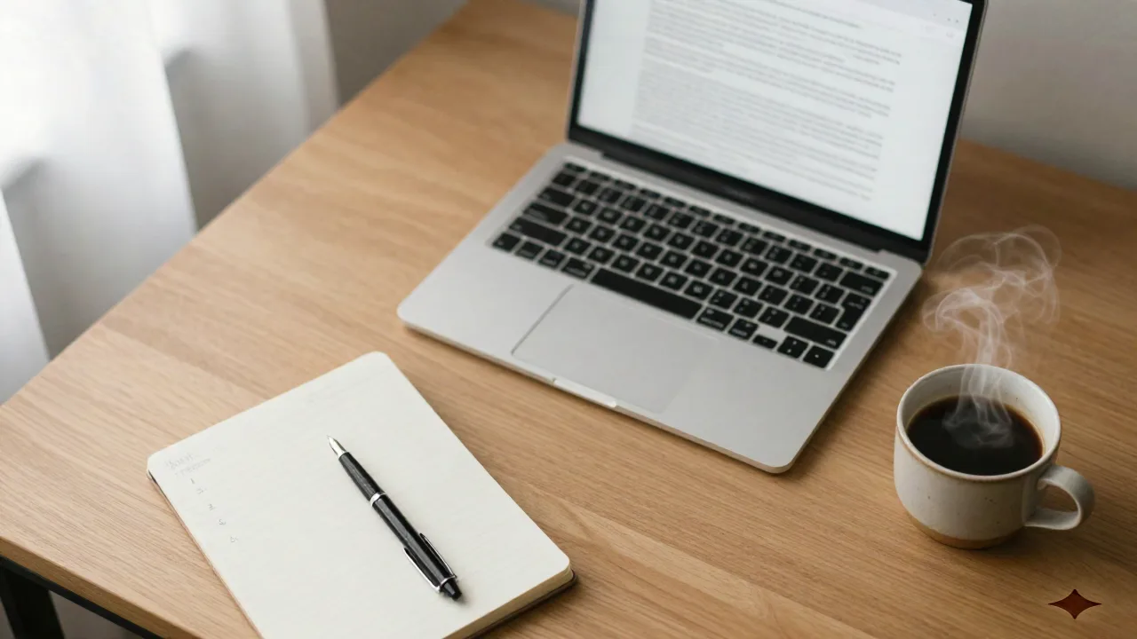 Vista dall'alto di un laptop, un quaderno aperto con una breve lista di controllo scritta a mano, una penna, e una tazza di caffè su una scrivania in legno