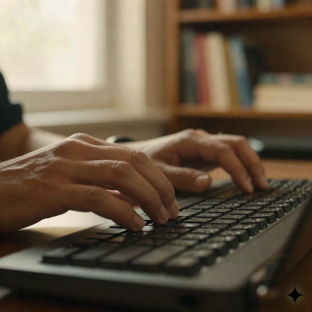 Close-up de manos escribiendo en un teclado mecánico bajo luz dorada de atardecer