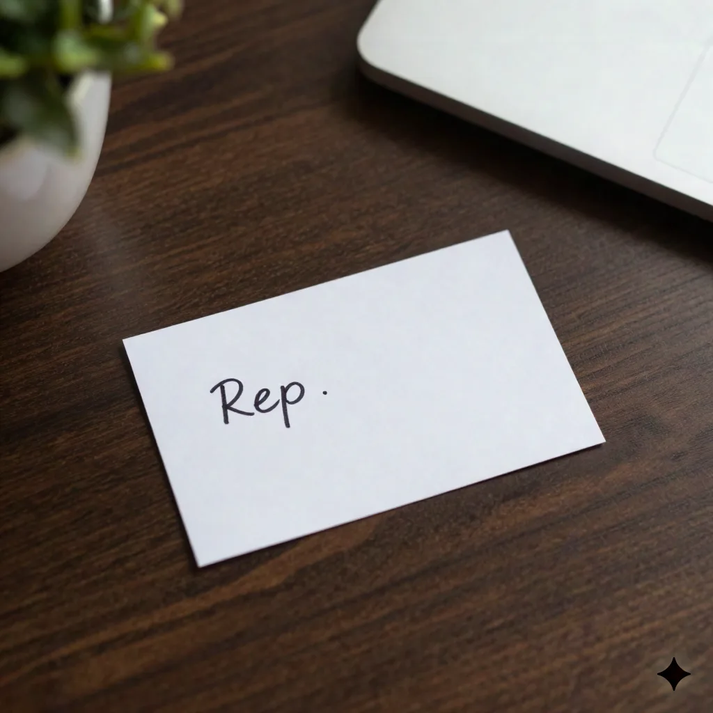 Overhead view of a single index card with one handwritten line lying alone on a wooden desk