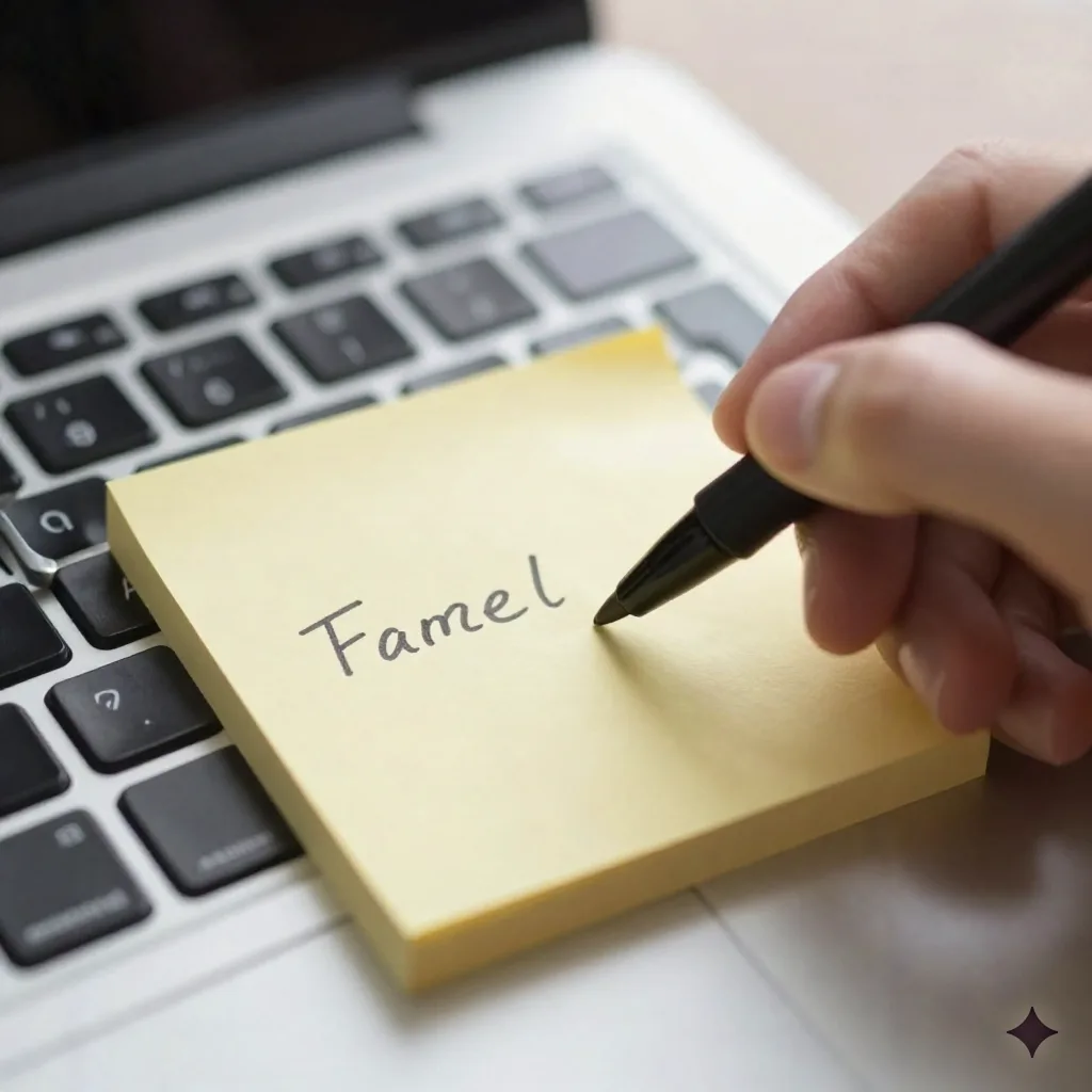 Close-up of a hand writing a short line on a sticky note next to a laptop keyboard