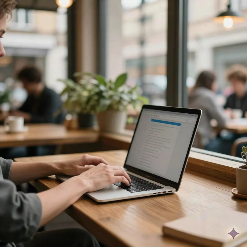 A person typing on a laptop at a small cafe table near a window