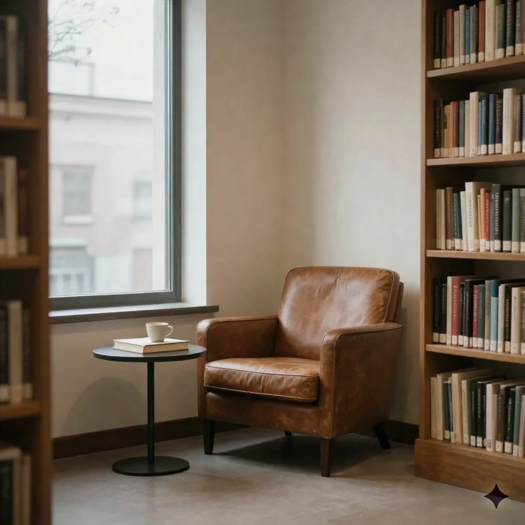Una sala de lectura tranquila con sillón junto a una ventana y estantería borrosa al fondo