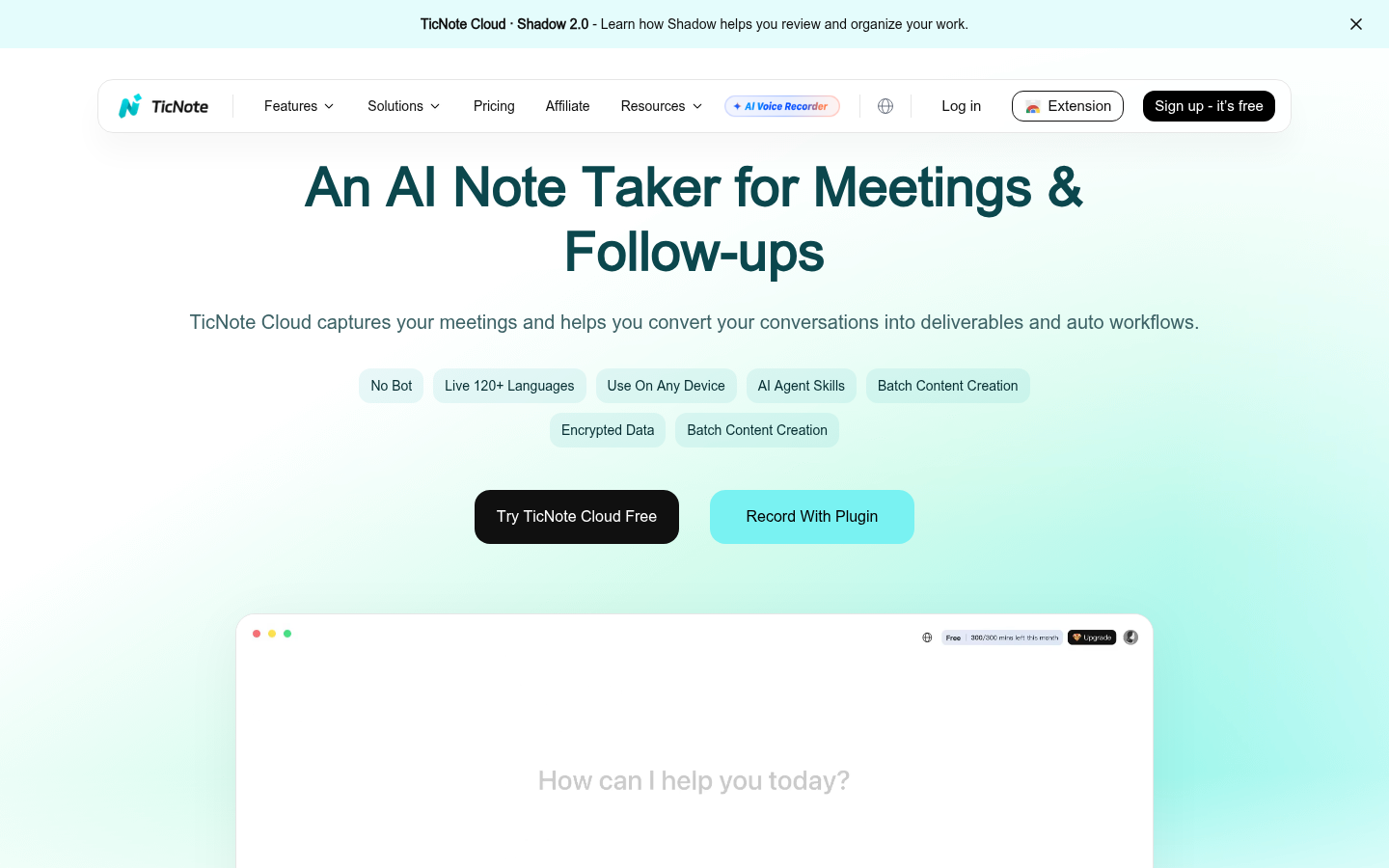 TicNote Cloud AI-notitiemaker interface met vergaderingstranscriptie en samenvattingswerkruimte