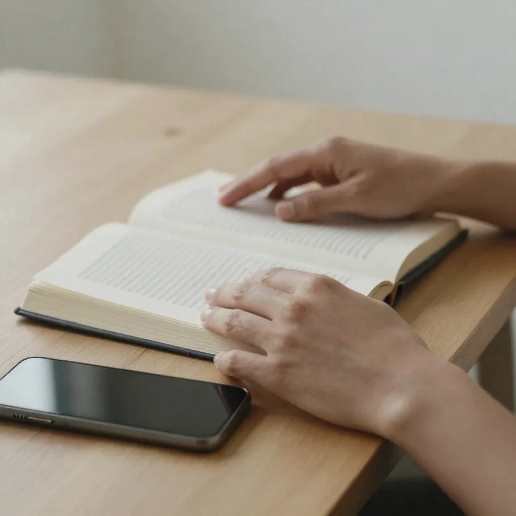 Hands resting near a book and smartphone on a wooden table, contemplative reading moment