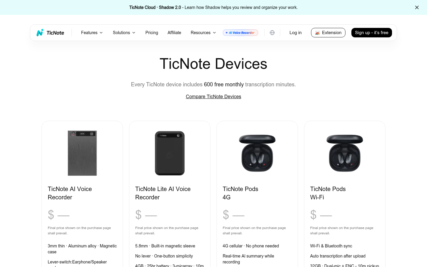 TicNote Cloud prijspagina met Free, Plus, Professional en Business transcriptieplannen