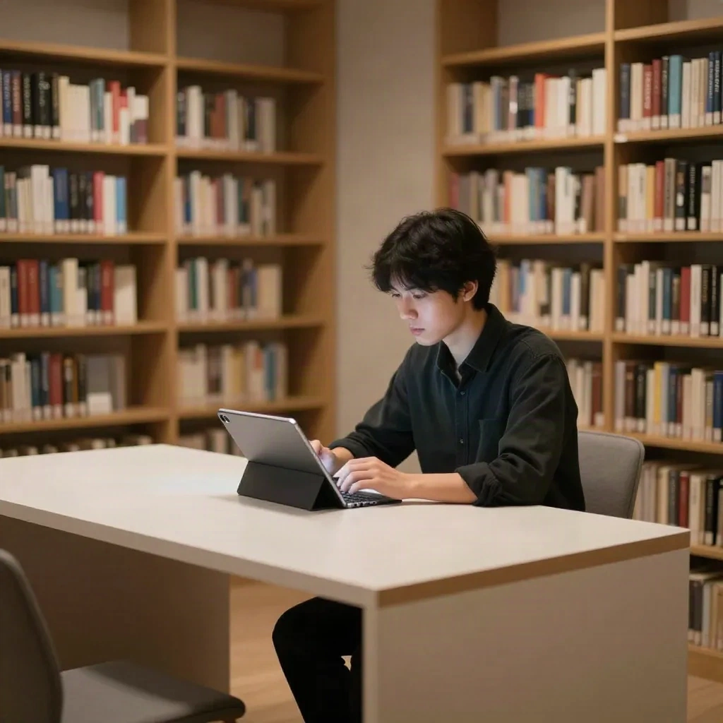 Person reading in library with calm ambient light