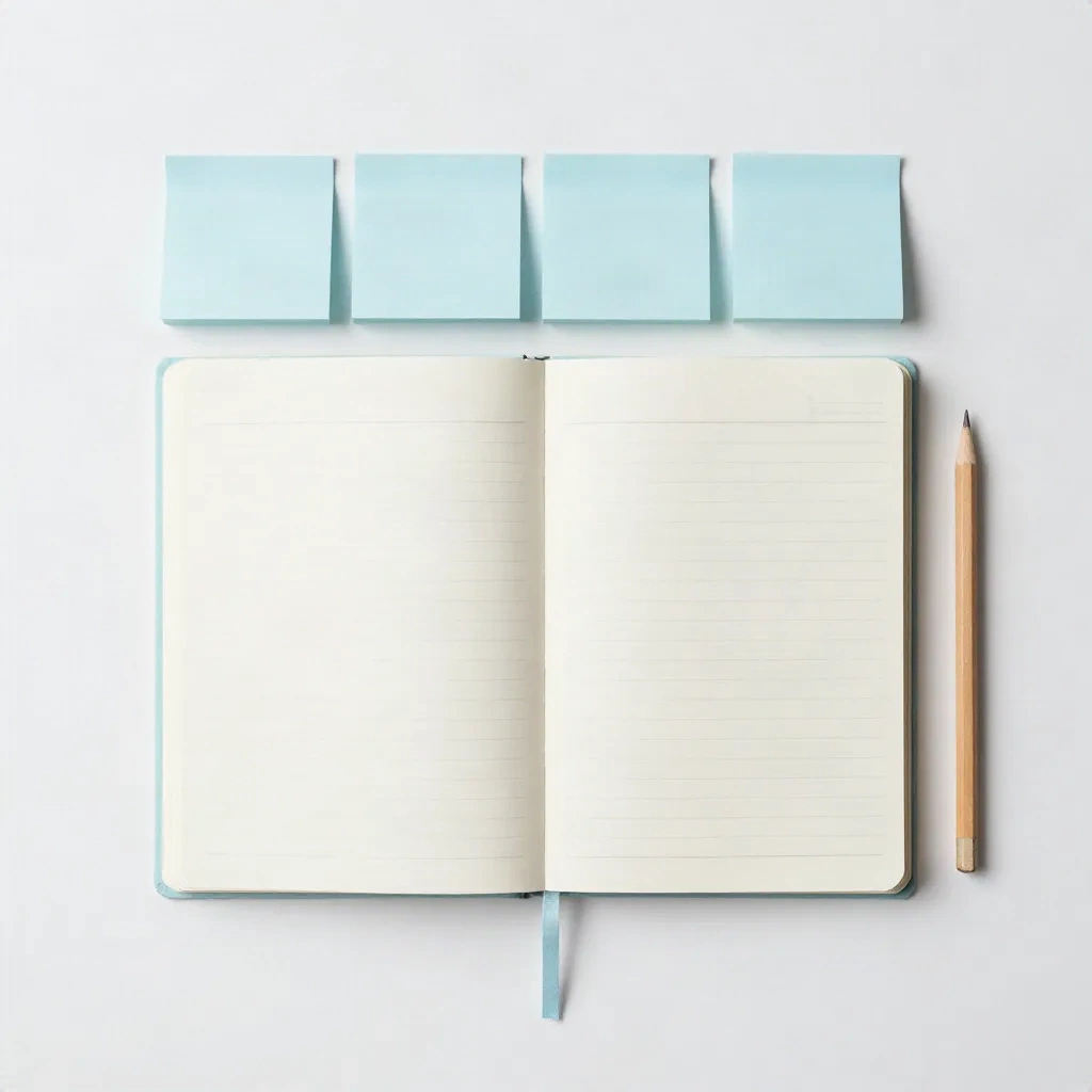 Clean desk with a minimal planner and sticky notes, organized and calm workspace