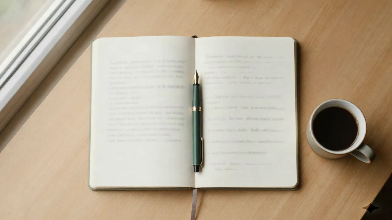 Carnet ouvert avec des notes de réunion manuscrites, un stylo et un café sur un bureau en bois