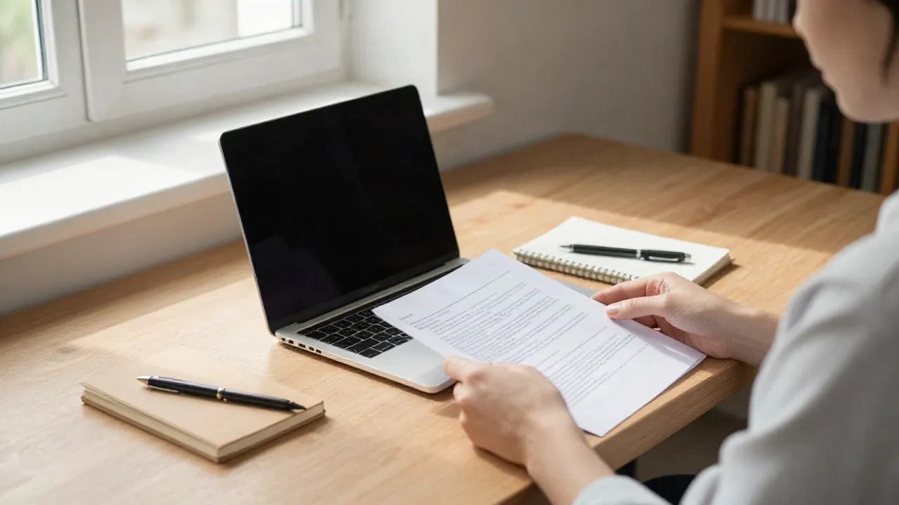 Clean minimal desk workspace for reviewing meeting notes and documents