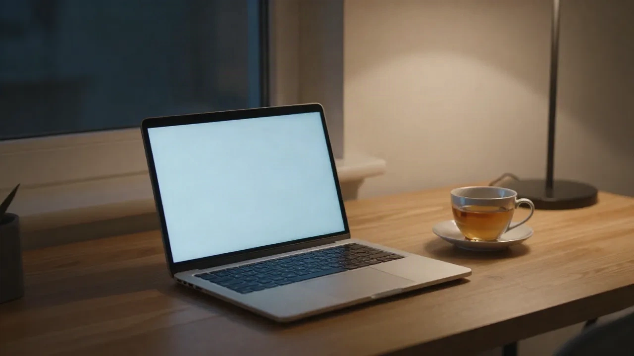 Spokojne biurko laptopa o zmierzchu z filiżanką herbaty, minimalistyczne i spokojne
