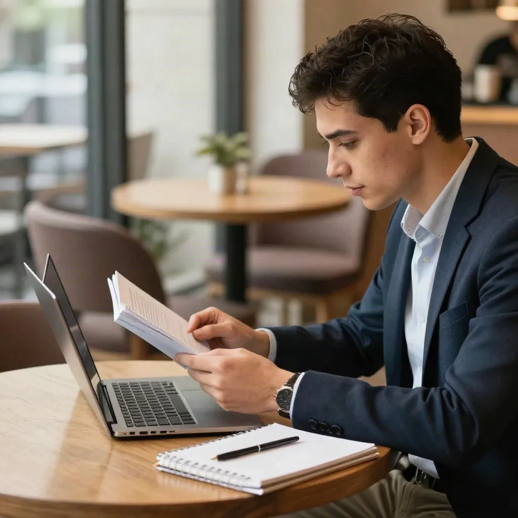 Knowledge worker reading at a wooden cafe table with laptop and notebook, warm afternoon light