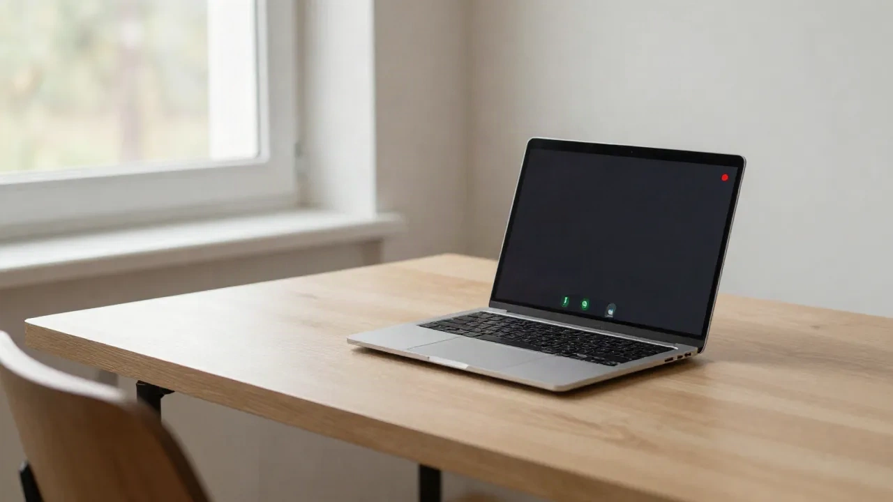 Portátil en un escritorio minimalista mostrando una videoconferencia con indicador de grabación, espacio de trabajo tranquilo