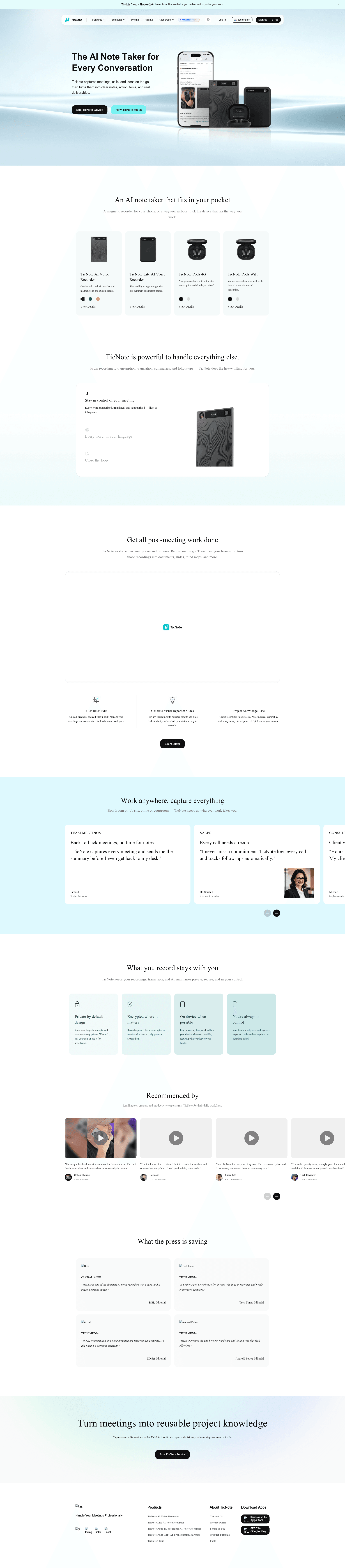 TicNote homepage showing the AI Note Taker device lineup and post-meeting workflow
