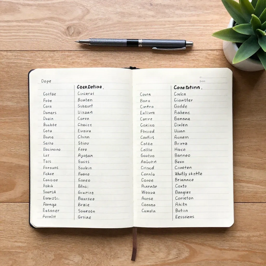 Overhead flat lay of open notebook with structured column notes, wooden desk, clean natural light