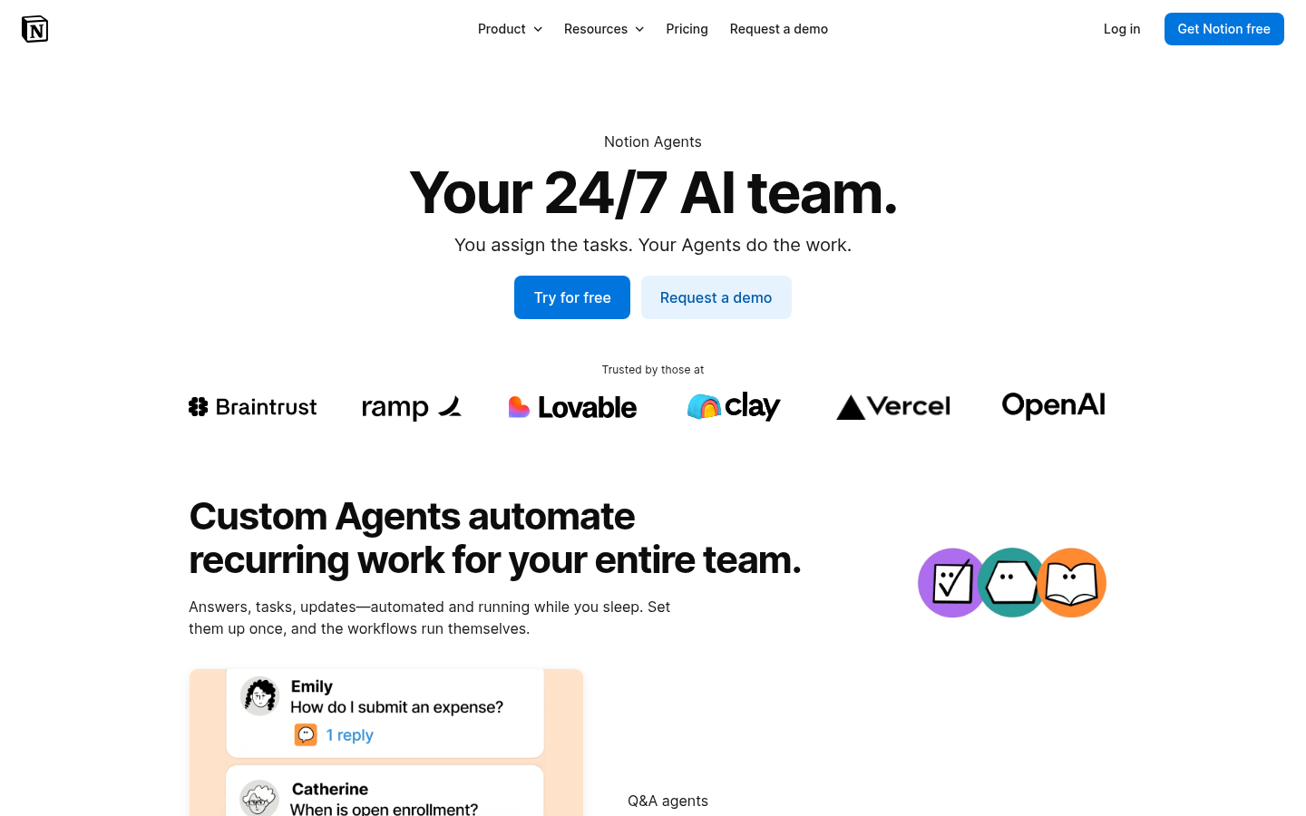 Notion Agents product page with Custom Agents examples