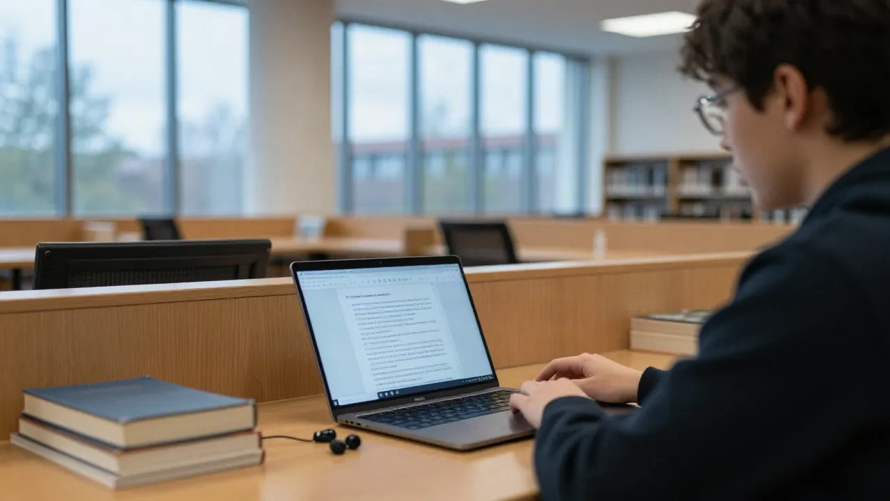 Student nimmt eine Vorlesung in einer ruhigen nordischen Bibliothek mit Laptop und Transkriptions-App auf