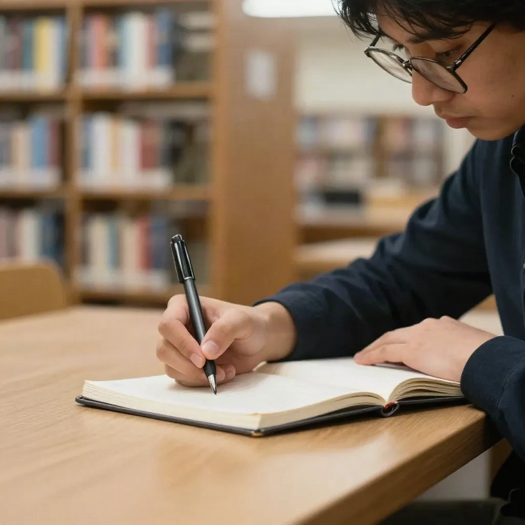 Person writing in a notebook at a quiet library table, bookshelves softly blurred in background