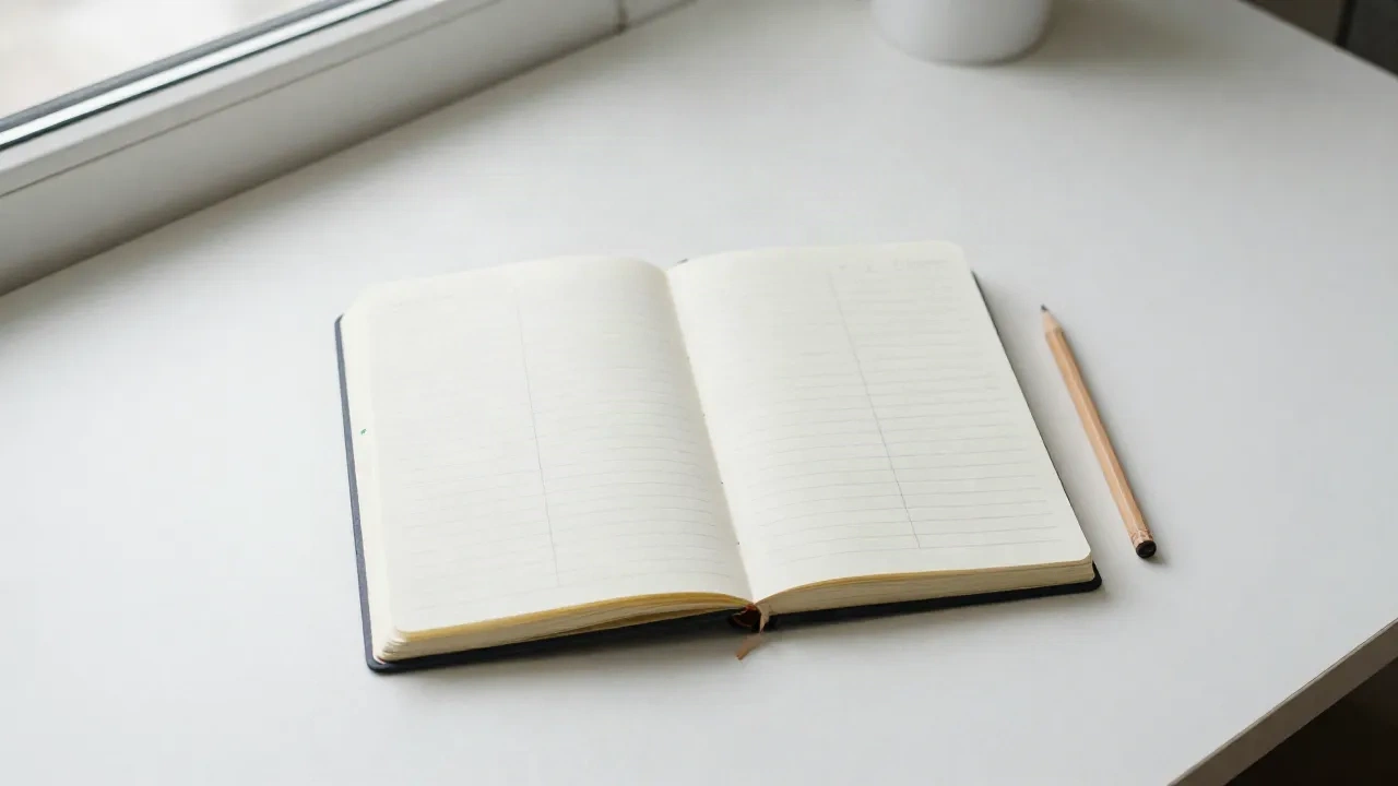 Open notebook on a clean white desk with structured note-taking layout, soft morning light