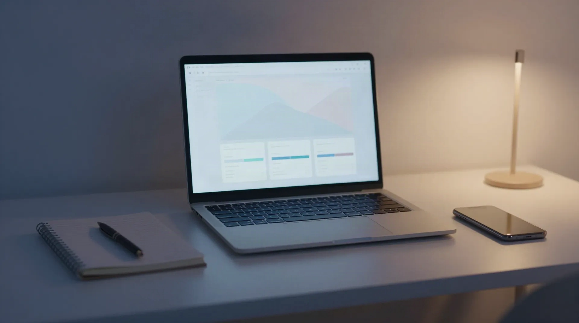 Laptop und Telefon auf dem Schreibtisch mit minimalem Dashboard – Arbeitsbereich für KI-Notizen