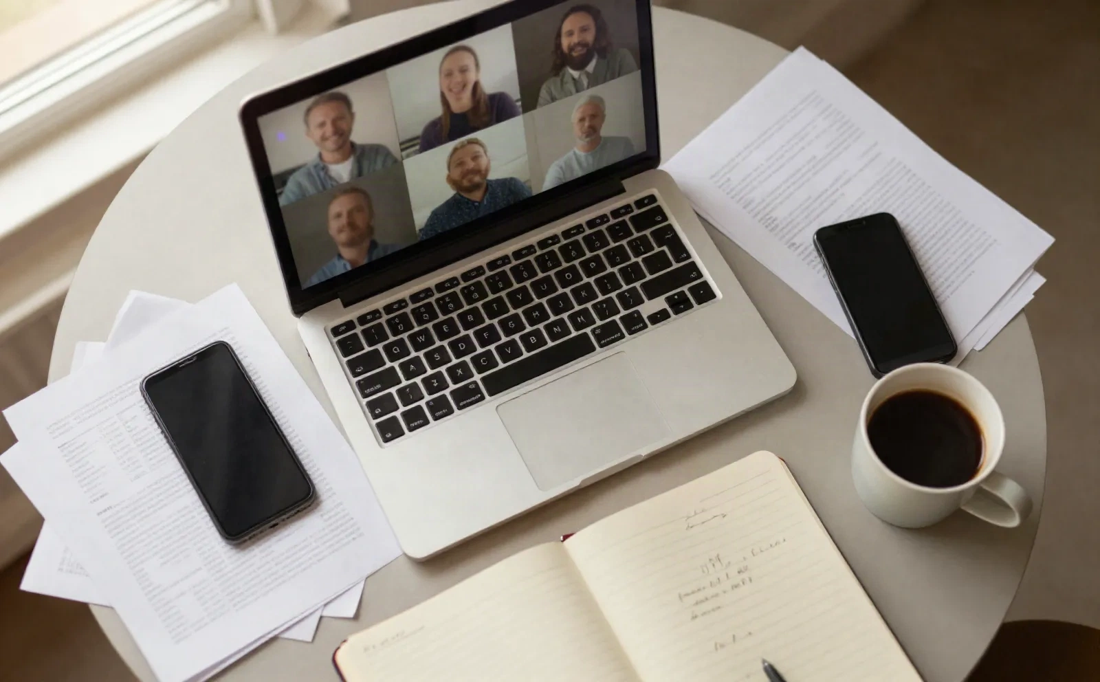 Overhead view of a video call, printed pages, and a notebook on a table, a recording session