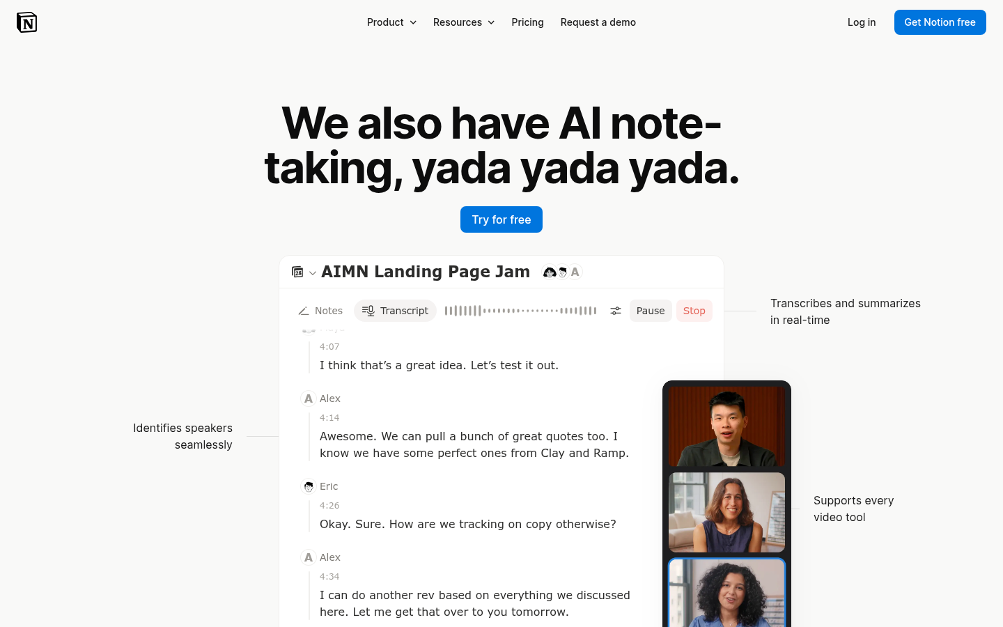 Notion AI Meeting Notes interface with live transcript