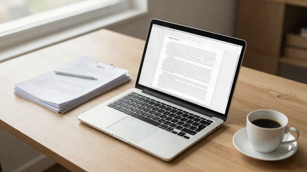 Laptop sobre un escritorio junto a un montón de documentos impresos, ilustrando un flujo de trabajo de resumidor de PDF con IA