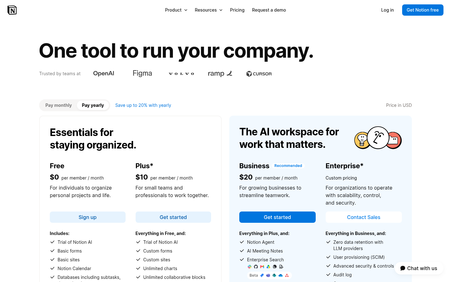 Notion pricing page showing Free, Plus, Business and Enterprise plans