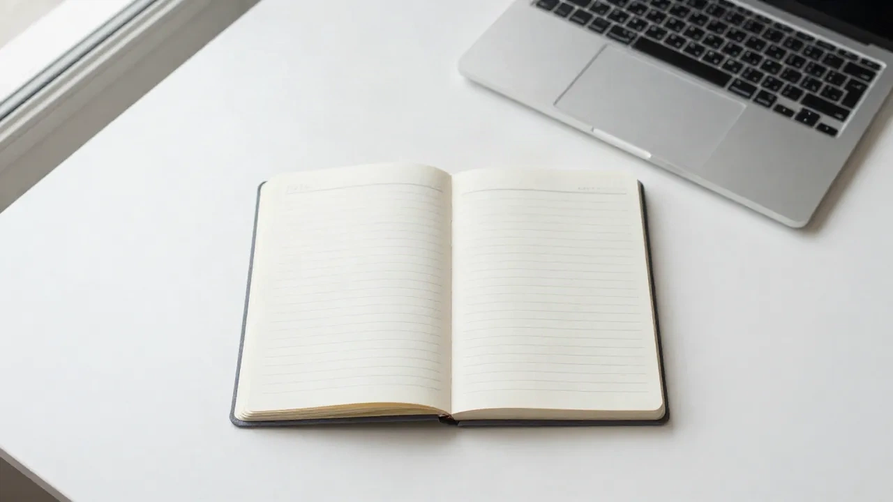 Minimalny biurko z otwartym notesem i zorganizowanymi notatkami ze spotkania