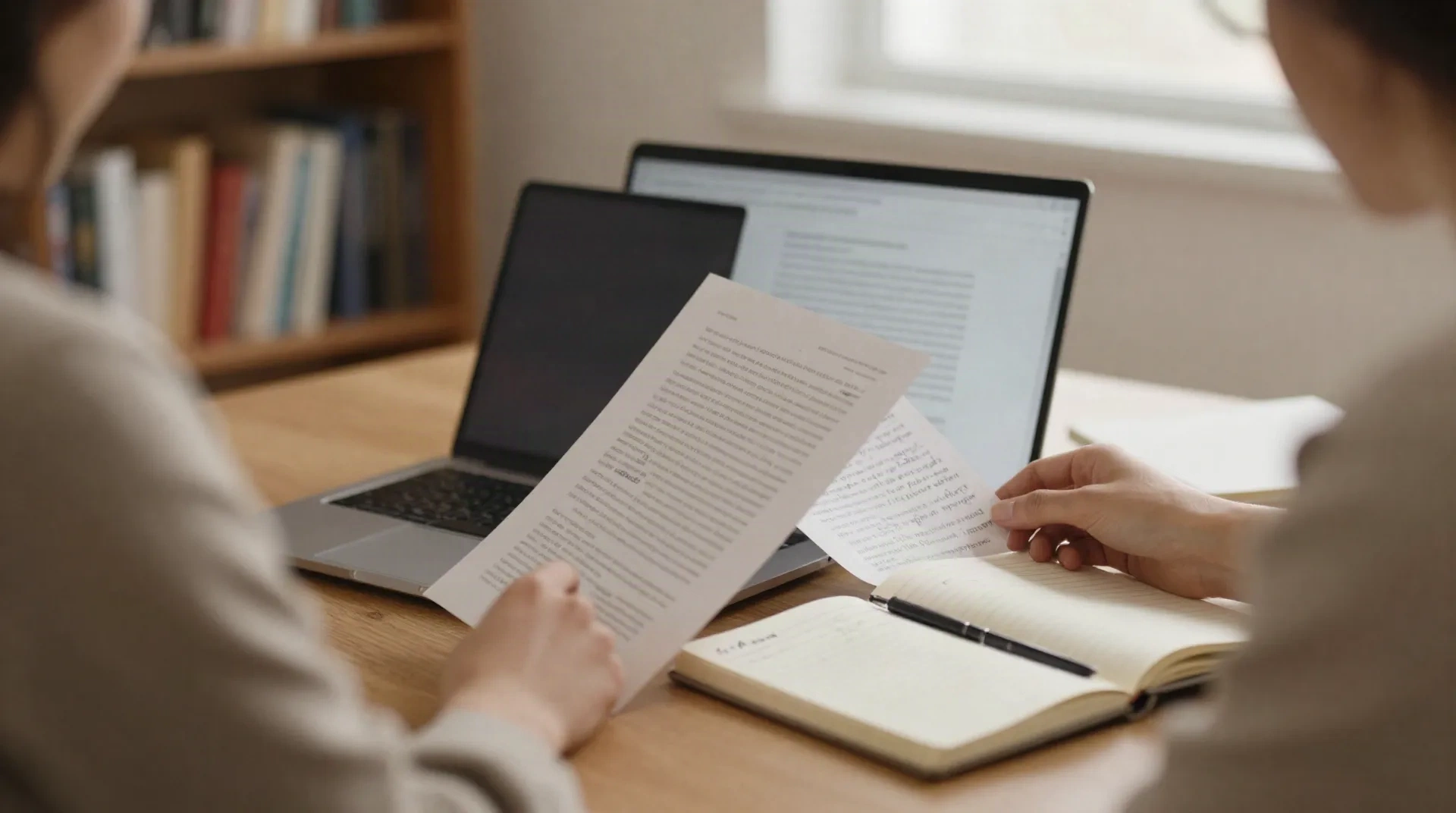 Person reading a long article on a laptop with a paper notebook open beside it