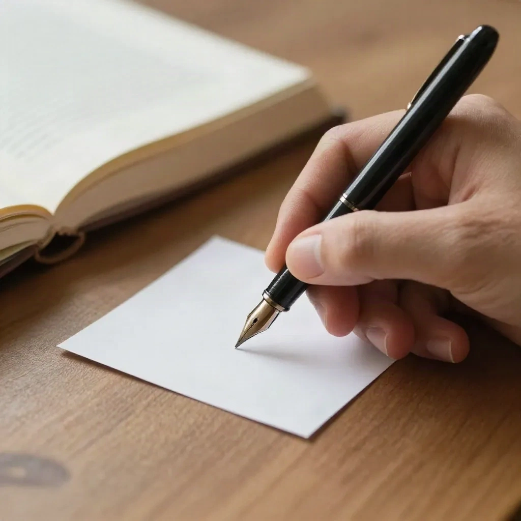 Hand writing a short summary on an index card with the book set aside