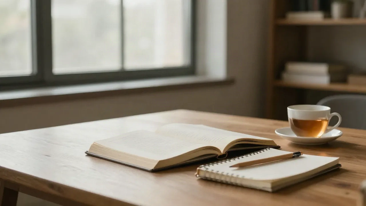 Una scrivania di legno vicino a una finestra con un libro aperto, un quaderno, una matita e una tazza di tè