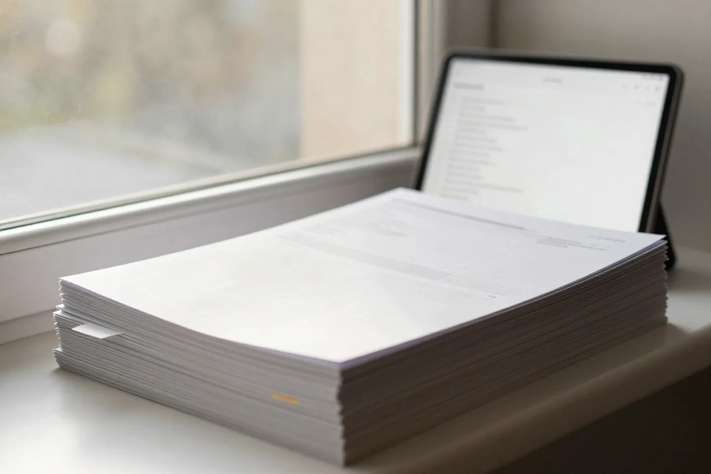 Stack of printed articles on a windowsill next to a tablet showing a notes list
