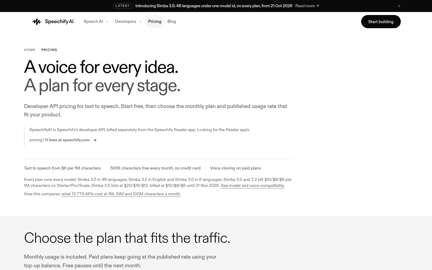 SpeechifyAI-Preisseite der Entwickler-API mit den Tarifen Free, Starter, Pro und Scale
