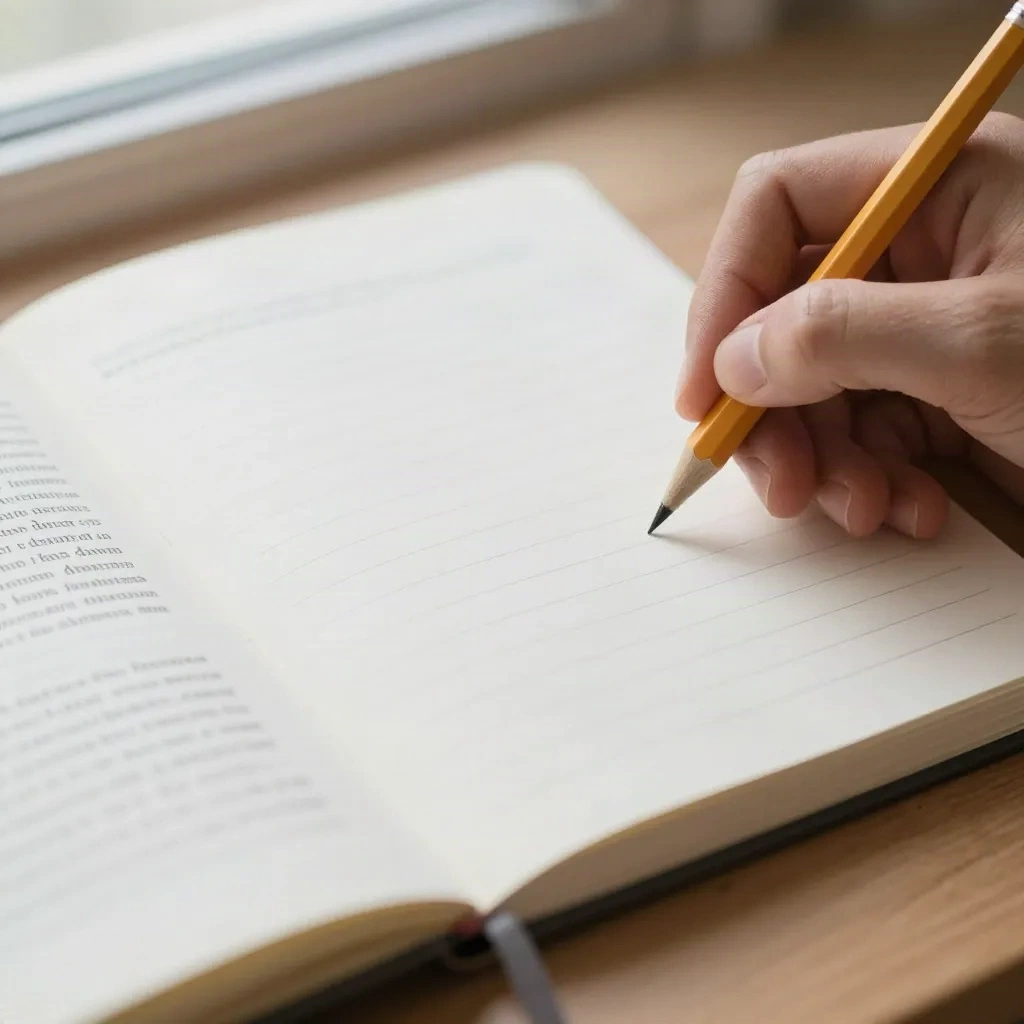 Main écrivant un résumé de trois lignes dans un cahier à côté d'un article imprimé