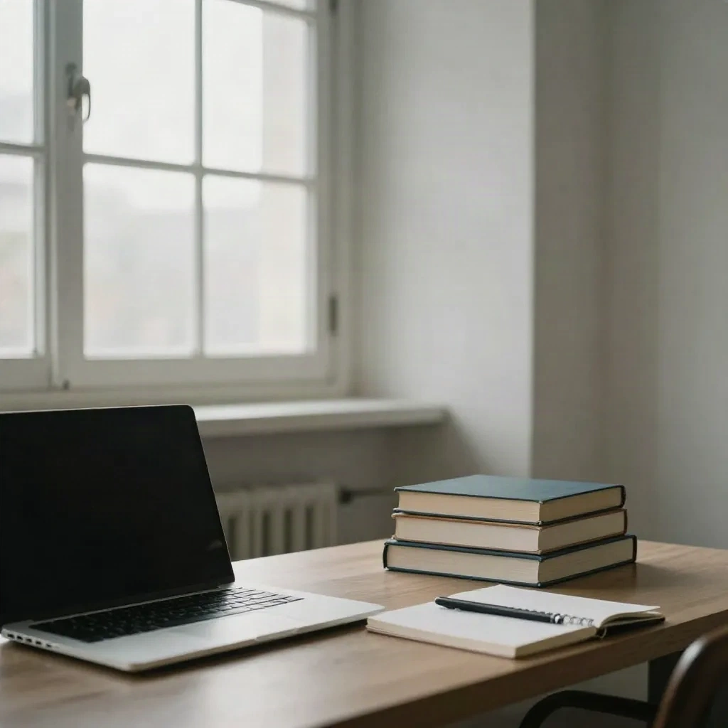 Quiet reading desk with a closed laptop, three books and a notebook